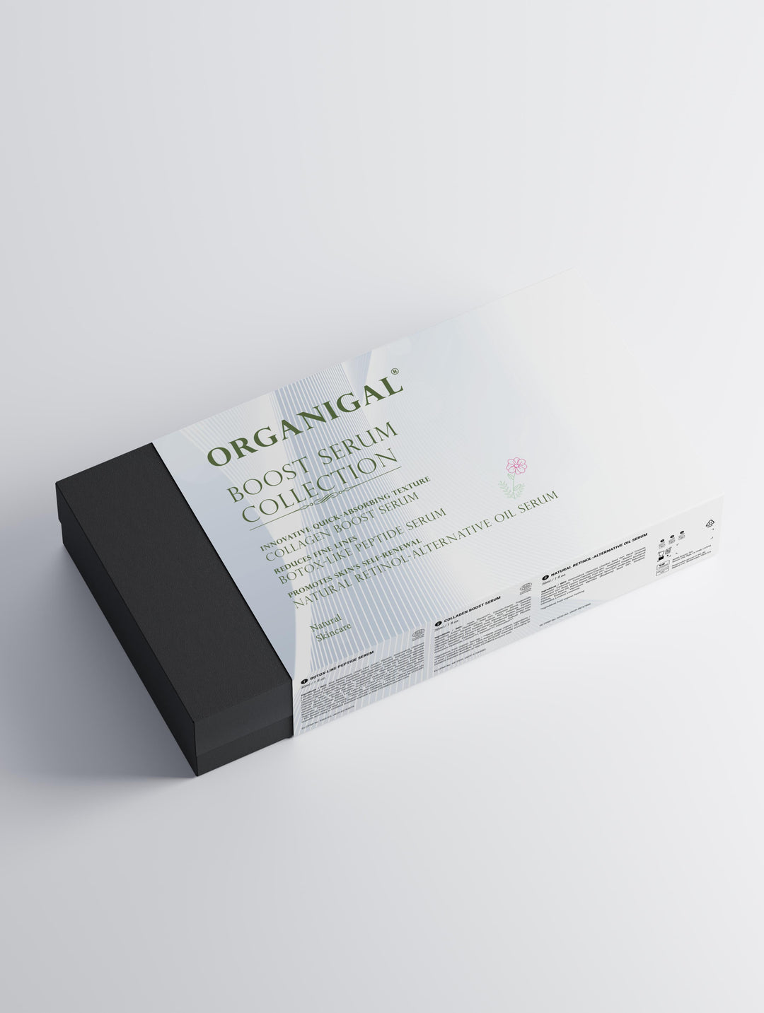 Styled display of the Boost Serum Collection by Organigal – targeted skincare for visible skin renewal