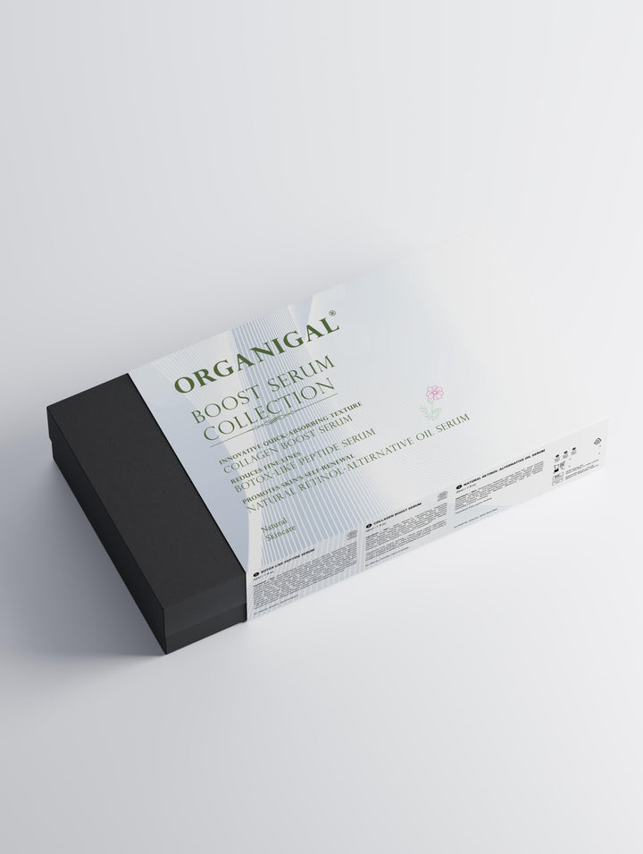 Styled display of the Boost Serum Collection by Organigal – targeted skincare for visible skin renewal
