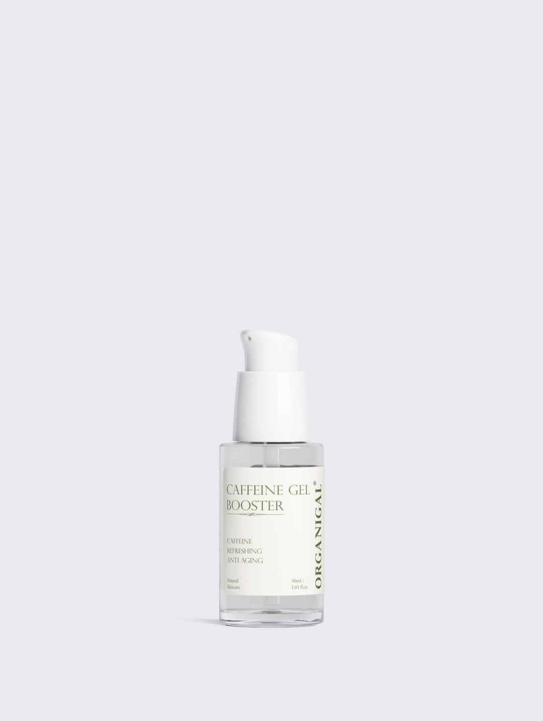 Close-up of the lightweight gel texture from Organigal’s Caffeine Booster for refreshed skin