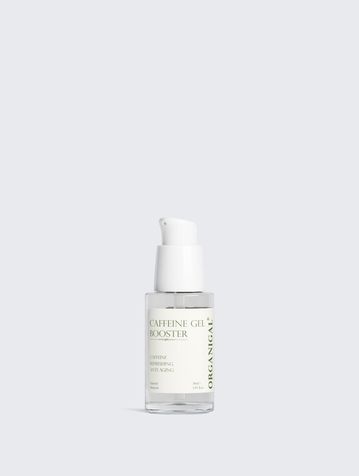 Close-up of the lightweight gel texture from Organigal’s Caffeine Booster for refreshed skin
