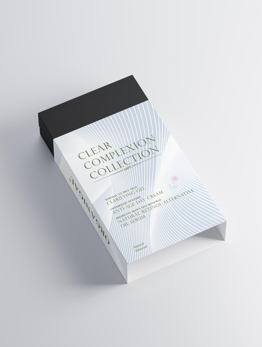 Styled presentation of the Clear Complexion Collection by Organigal – natural care for clear, even-toned skin