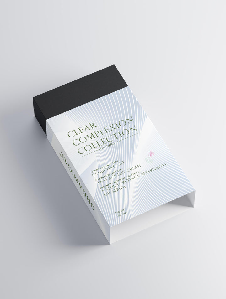 Styled presentation of the Clear Complexion Collection by Organigal – natural care for clear, even-toned skin
